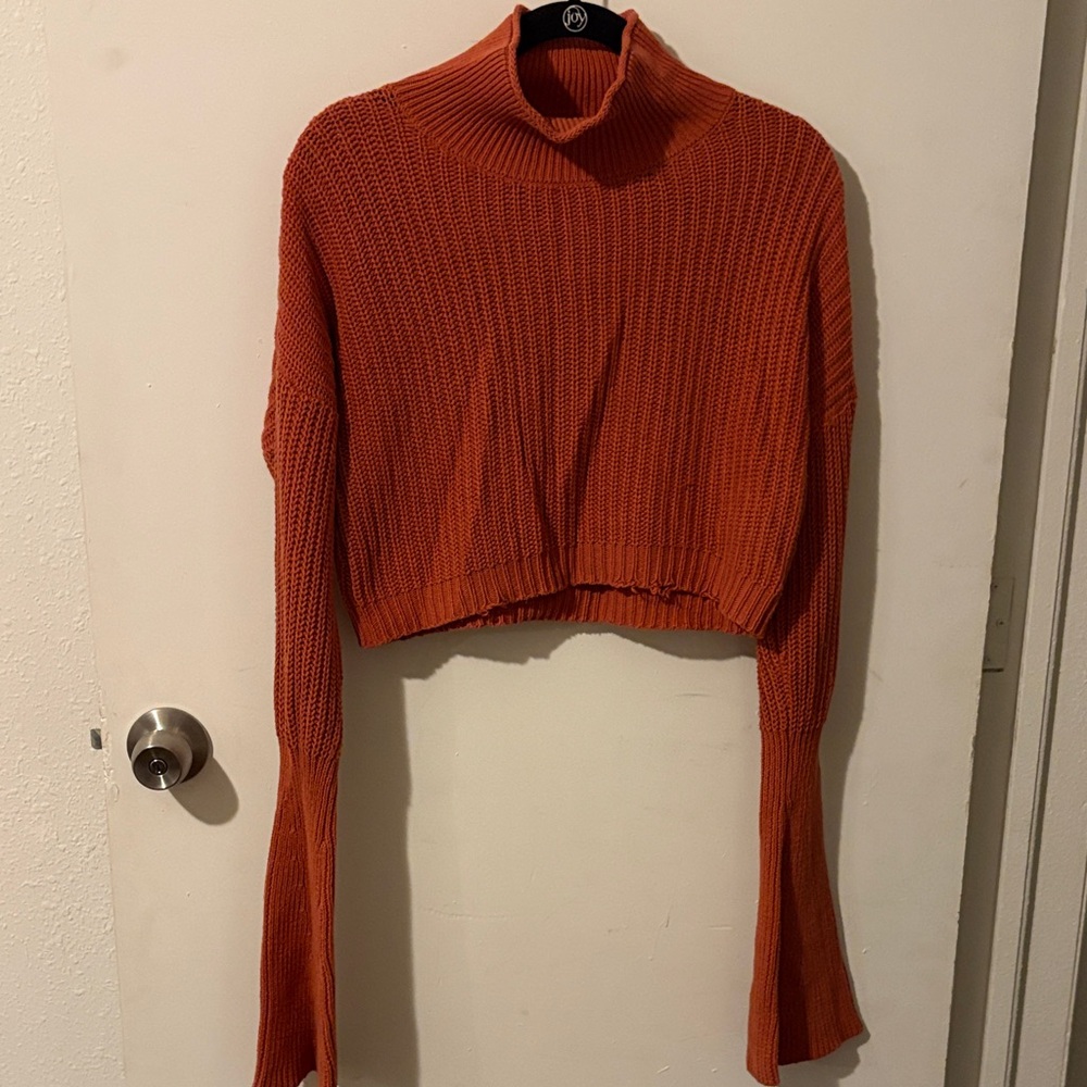 American Apparel Women's Orange Turtleneck Cropped Bell Sleeve Sweater